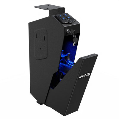 RPNB: Fingerprint Handgun Safe With Quick Access Drop Down Lid, Desk Mounted Pistol Safe-RP311F